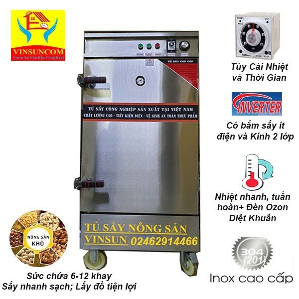 Tủ Sấy Nông Sản Điện Tự Động 12 Khay Inox 1 Lớp Dùng 30 Kg Nông Sản VinSun