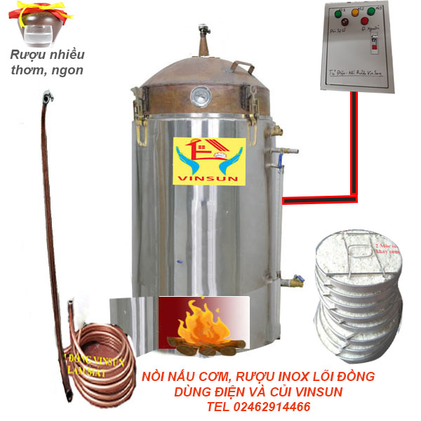 Nồi Nấu Rượu Nấu Cơm 20 Kg Điện Và Củi Inox Lõi Đồng VinSun