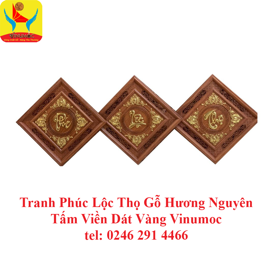Tranh Phúc Lộc Thọ Gỗ Hương Nguyên Tấm Vinnumoc(viền dát vàng)