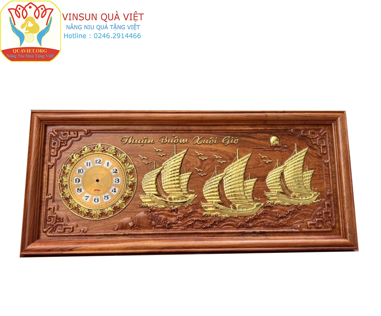 Tranh Đồng Hồ Thuận Buồm Xuôi Gió Gỗ Hương Nguyên Tấm VinSun