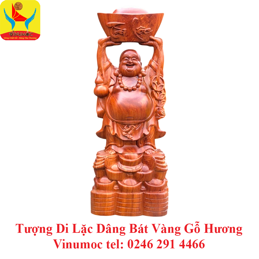 Tượng Di Lặc Dâng Bát Vàng Gỗ Hương VinSun