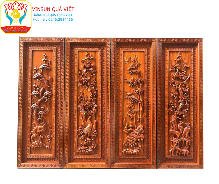 Tranh Tứ Quý Gỗ Tùng Cúc Trúc Mai Gỗ Hương Nguyên Tấm VinSun