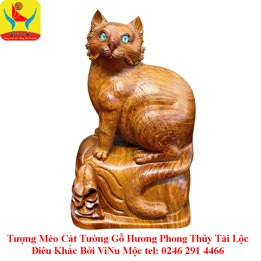 Tượng Mèo Cát Tường C43xR28xS18 Gỗ Hương Phong Thủy Tài Lộc ViNu Mộc