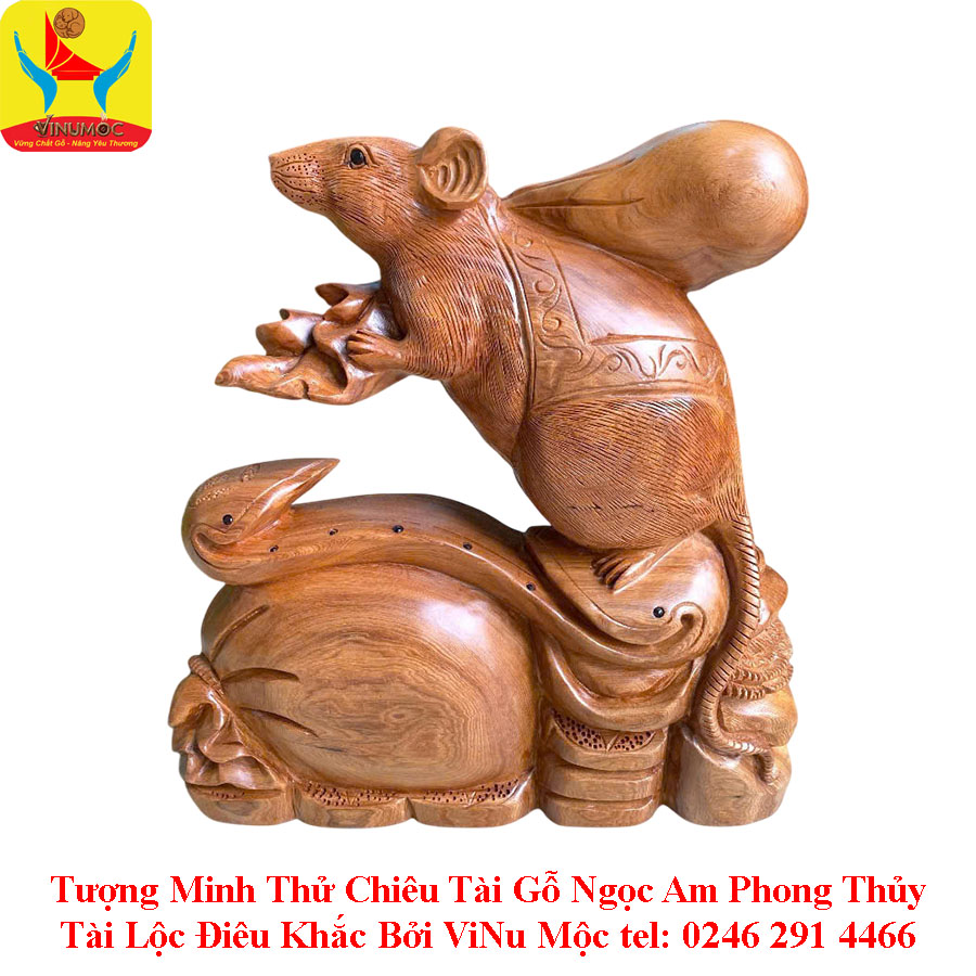 Tượng Minh Thử Chiêu Tài C41xR39xS16 Gỗ Ngọc Am Phong Thủy Tài Lộc ViNu Mộc