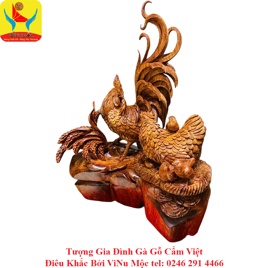 Tượng Gia Đình Gà C62xR43xS29 Gỗ Cẩm Việt ViNu Mộc