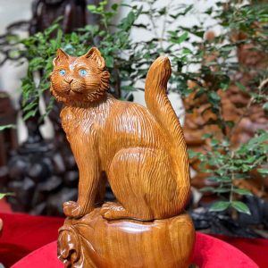 Tượng Mèo Cát Tường C43xR28xS18 Gỗ Hương Phong Thủy Tài Lộc ViNu Mộc