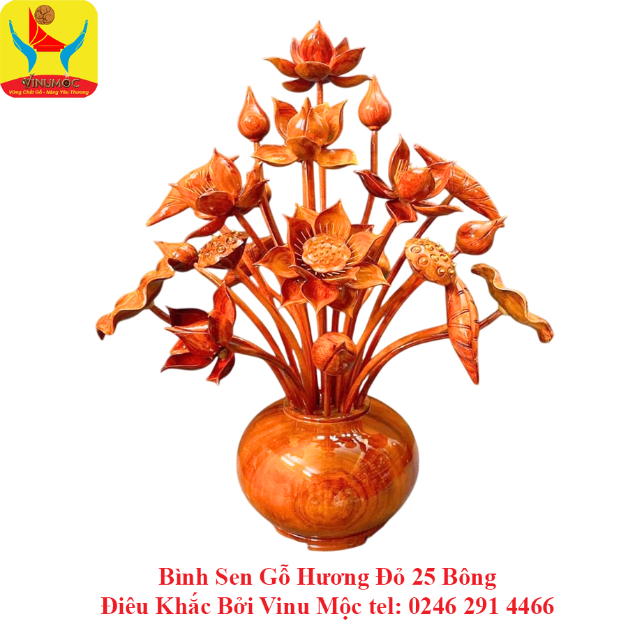 Bình Sen C90D70 Gỗ Hương Đỏ 25 Bông Điêu Khắc Bởi Vinu Mộc