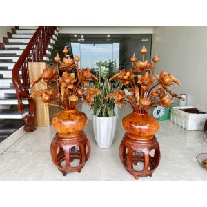 Bình Sen C90D70 Gỗ Hương Đỏ 25 Bông Điêu Khắc Bởi Vinu Mộc